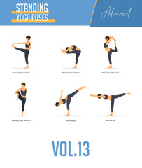 Set of yoga poses for concept balancing, standing poses in flat design style. Strong Woman exercising for body stretching. Yoga posture or asana for beginner infographic. Workout Vector Illustration