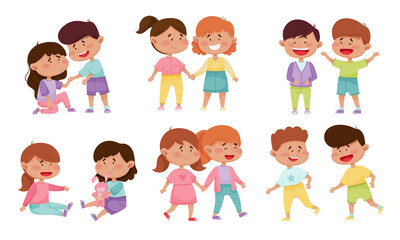 Friendly Little Kids Holding Hands and Cheering Up Each Other Vector Illustrations Set