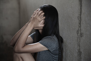 Young depressed woman, domestic violence and rape. stop abusing violence,  human trafficking, stop violence against women, Human is not a product. Stop women abuse, Human rights violations.