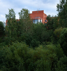 Obraz premium top of a red brick building peering through the foliage of trees