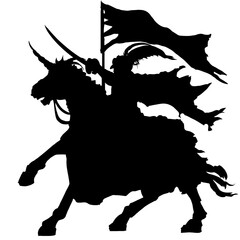 The silhouette of a knight on a horse with a flag in his hand, makes a gesture of order to attack. 2D illustration.