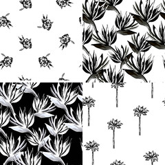Vector tropical flowers and palms pattern set. Collection of tropical wallpapers on white and black background.