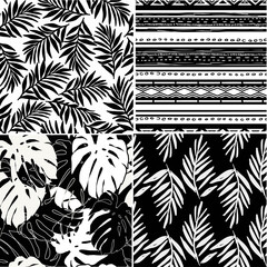 Vector tropical flowers and geometric patterns set.