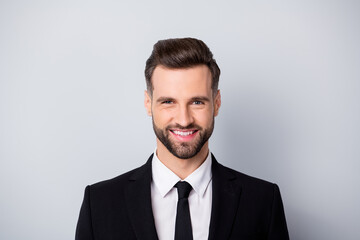 Portrait of independent start-up worker man enjoy his job smile stare ready get profit wear formalwear white shirt isolated over grey color background