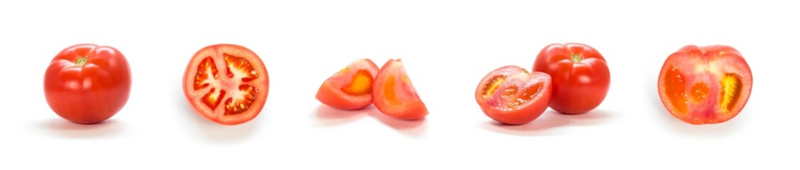 A set of sliced red tomatoes. Close up. Isolated on a white background