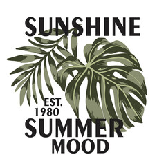 t-shirt print  with green palm leaf and monstera with text summer vacay mood.
