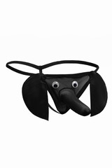 Detailed shot of a black erotic G-string made as a funny elephant head with plastic eyes. The sexy panties for men are isolated on the white background.