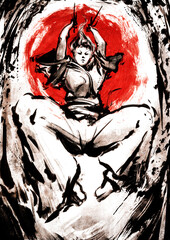 A girl warrior in a Japanese kimono in a super epic pose jumps with daggers in her hands at the viewer, against the background of the red sun. drawn in ink 2D illustration.