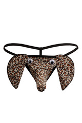 Detailed shot of a sexy G-string made as a funny elephant head with leopard pattern and plastic eyes. The erotic animalistic panties for men are isolated on the white background.