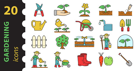 Set of gardening icons in color. Garden set vector linear sign. Concept farm. 