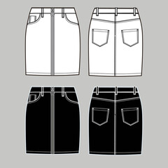Denim skirt technical sketch with metal zipper, front and backin white and black colors