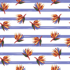 Strelitzia reginae crane flower pattern on lemon background.
