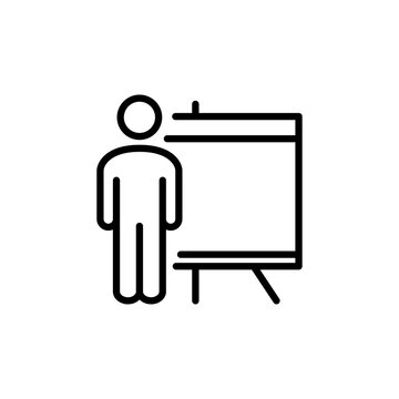 S&iacute;mbolo curso de formaci&oacute;n. Icono plano hombre con pizarron con p&uacute;blico en color negro	