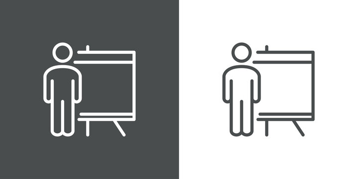 S&iacute;mbolo curso de formaci&oacute;n. Icono plano hombre con pizarron con p&uacute;blico en fondo gris y fondo blanco