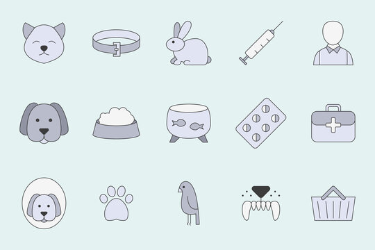 Veterinarian Icons set - Vector color symbols of veterinary clinic, animals and pets  for the site or interface
