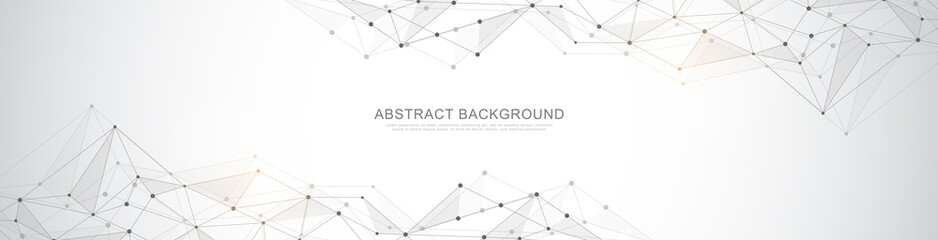 Website header or banner design with abstract geometric background and connecting dots and lines. Global network connection. Digital technology with plexus background and space for your text.