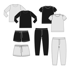 Basic clothes set in black and white colors for teen girl. Front part fashion sketch.