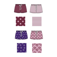Technical sketch of shorts with print pattern with dots, hearts and striped.
