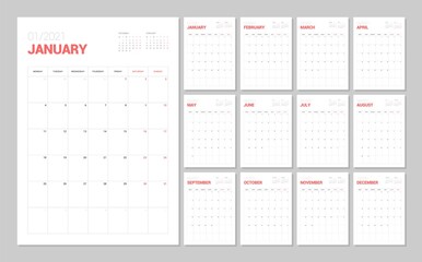 Wall calendar template for 2021 year. Planner diary in a minimalist style. Week Starts on Monday. Monthly calendar ready for print.