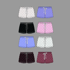 Technical sketch of shorts with print pattern with polka dots.
