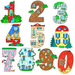 Collection of decorative numbers. Count the windows. Learning the numbers. Educational cards. Vector isolated.