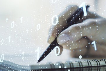 Creative abstract binary code sketch and woman hand writing in notepad on background, hacking and matrix concept. Multiexposure