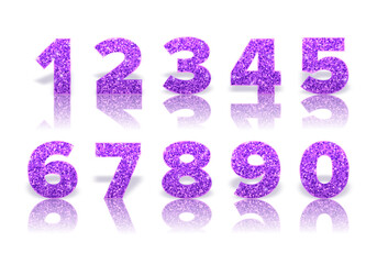 Violet glitter numbers with reflection and shadow in royal style isolated on white background. Template for invitation card and sale banner. Holiday decoration. Vector
