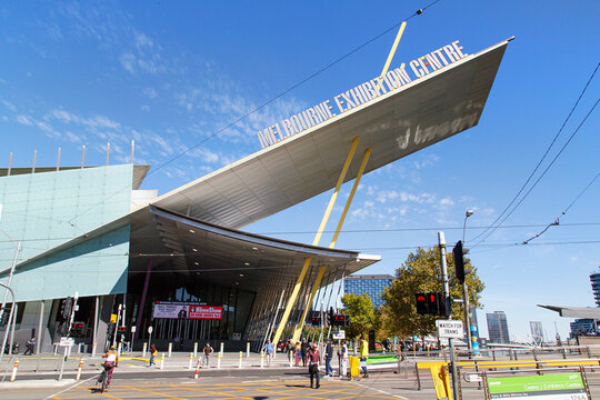 Melbourne, Australia: April 07, 2018: The Melbourne Convention And Exhibition Centre Is The Name Given To Two Adjacent Buildings Next To The Yarra River In South Wharf.
