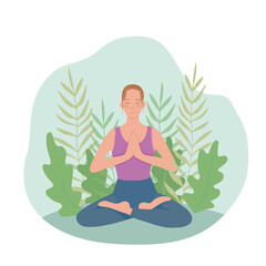 The woman is sitting with her legs crossed and meditating. The concept of mindfulness and yoga in pastel colors with leaves. Flat cartoon vector illustration.