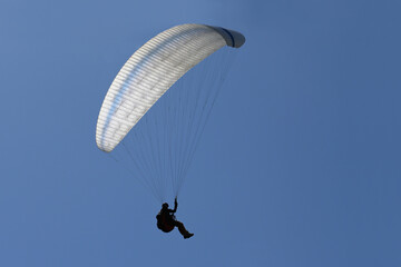 Paraglider pilot as silhouette with a white glider is flying in the clear blue sky, recreational...