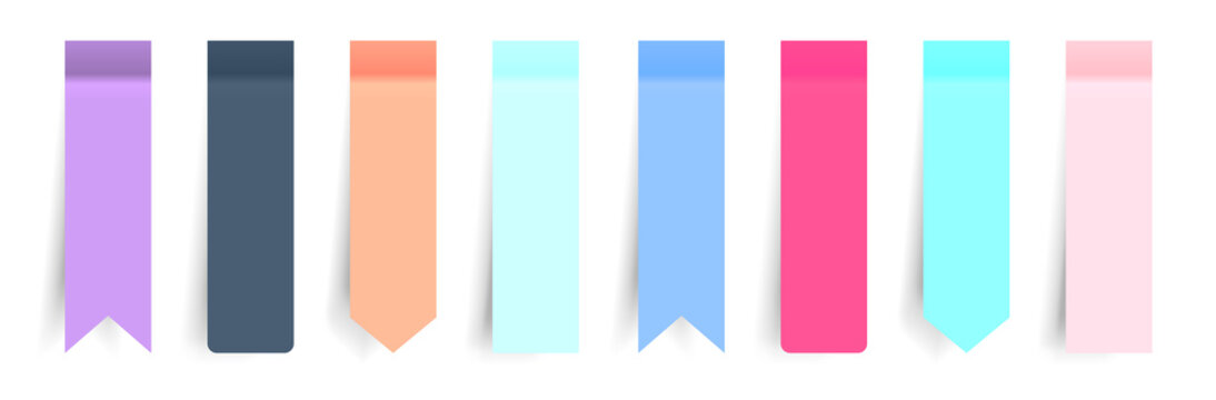 Set of realistic colored paper stickers with a peel off corner. Blank templates of a price tags. Empty mockup for a memo and notice. Transparent shadows. Vector.