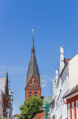 Tower of the Marienkirche church and houses in Flensburg
