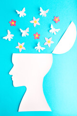 Psychology of woman, a lot of butterfly and flowers in head