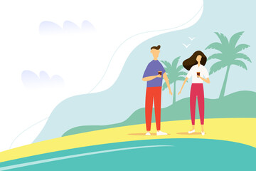 Obraz na płótnie Canvas Man and woman drinking coffee on the beach. Concept of outdoor recreation, vacation, travel. Cute vector illustration in flat style.