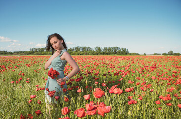 Obraz na płótnie Canvas A beautiful, slender girl in a short turquoise dress against the background of a poppy field in the rays of the setting sun