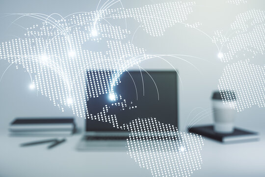 Double exposure of abstract digital world map with connections on laptop background, research and strategy concept