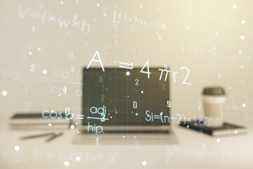 Creative scientific formula hologram on modern laptop background, research concept. Multiexposure