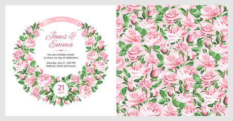 Cover of wedding invitation and seamless pattern. Pink Roses isolated on white background.