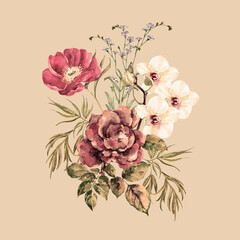 Bouquet different garden flowers painting in watercolor. Peony, rose, orchid and blue wildflowers on beige background. Illustration for decor your card.