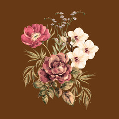 Bouquet different garden flowers painting in watercolor. Peony, rose, orchid and blue wildflowers on brown background. Illustration for decor your card.