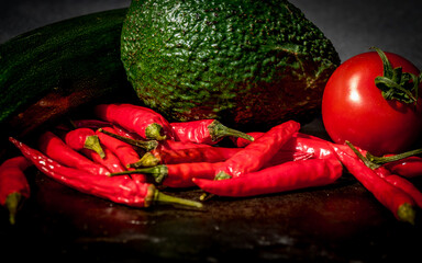 close-up of a variation of fresh vegetables in a group in the sunlight with copy-space at the bottom, tomato, chili peppers, avocado and zucchini with complementary colors and grey background