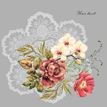 Bouquet different garden flowers painting in watercolor. Peony, rose, orchid and blue wildflowers on gray background with white openwork. Illustration for decor your card.