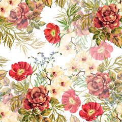 Bouquet different garden flowers painting in watercolor. Peony, orchid and blue flowers on white background. Floral seamless pattern for fabric.
