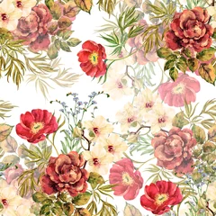 Rolgordijnen Bouquet different garden flowers painting in watercolor. Peony, orchid and blue flowers on white background. Floral seamless pattern for fabric. © Olga Kleshchenko