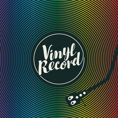 Vector music banner with rainbow vinyl record, record player and calligraphic inscription. Suitable for music poster, flyer, card, brochure, invitation, cover