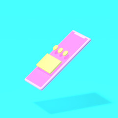 A pink smartphone in a plastic toy style with apps in the screen levitates on a bright blue background. 3D render.
