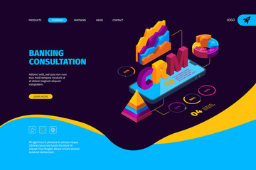 Crm isometric. Business landing page with organization tools and graphs sales systems customer client service software crm marketing vector concept. Crm online for business, automation illustration