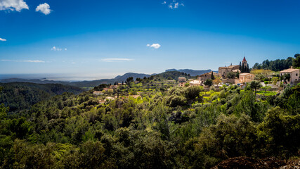peaceful mountain village galilea towers over large olive groves with fantastic view to the mediterranean sea - obrazy, fototapety, plakaty