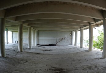 Concrete construction, unfinished abandoned building wide angle picture