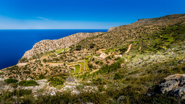 view over the old terraces and ruins of la trapa monastery nearby sant elm in springtime on mallorca, hiking route gr221 ruta de piedra en seco